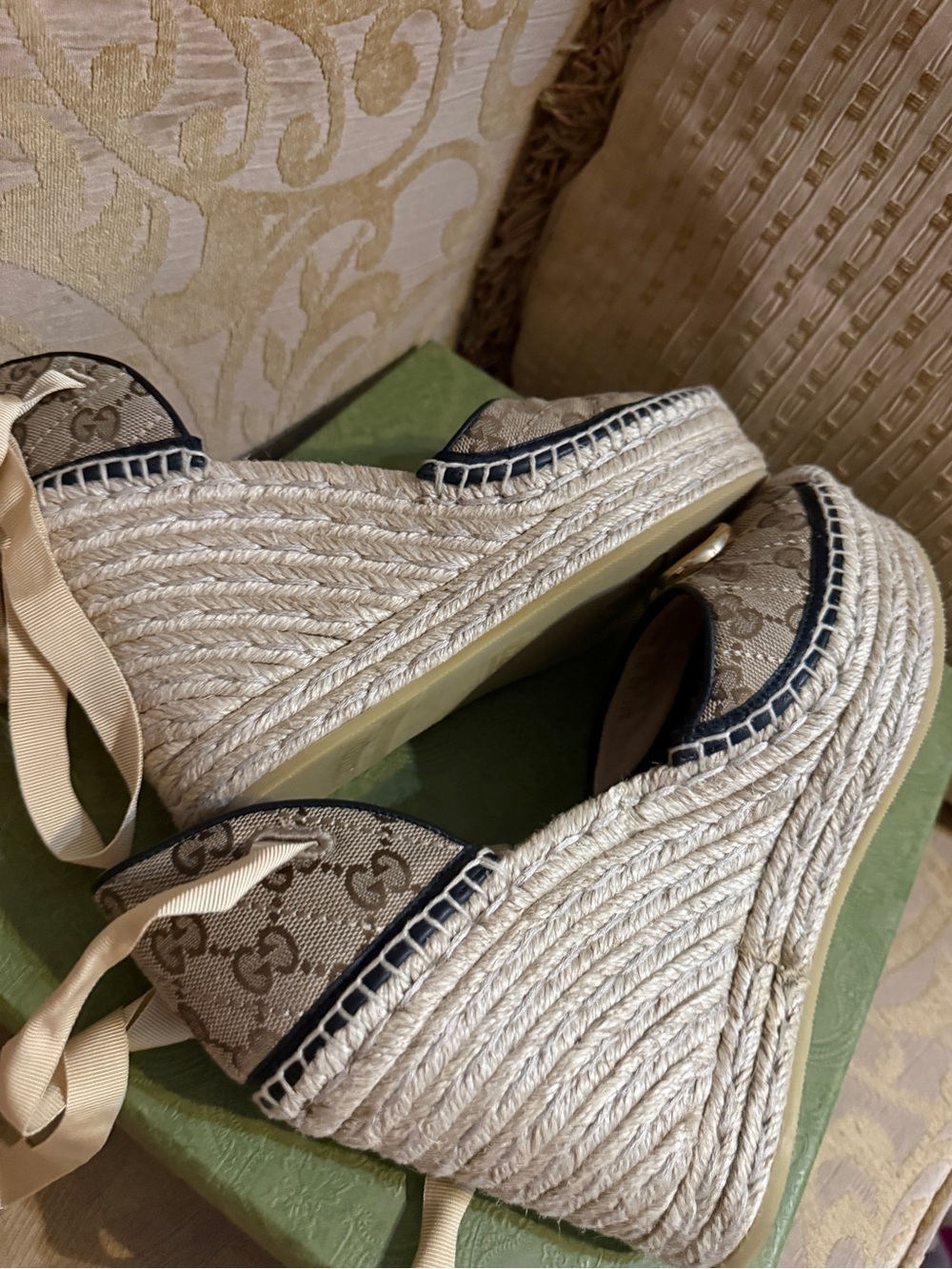 Gucci Pilar GG Ankle Tie Espadrille Platform Wedges preowned with COA size 39 - Picture 14 of 16